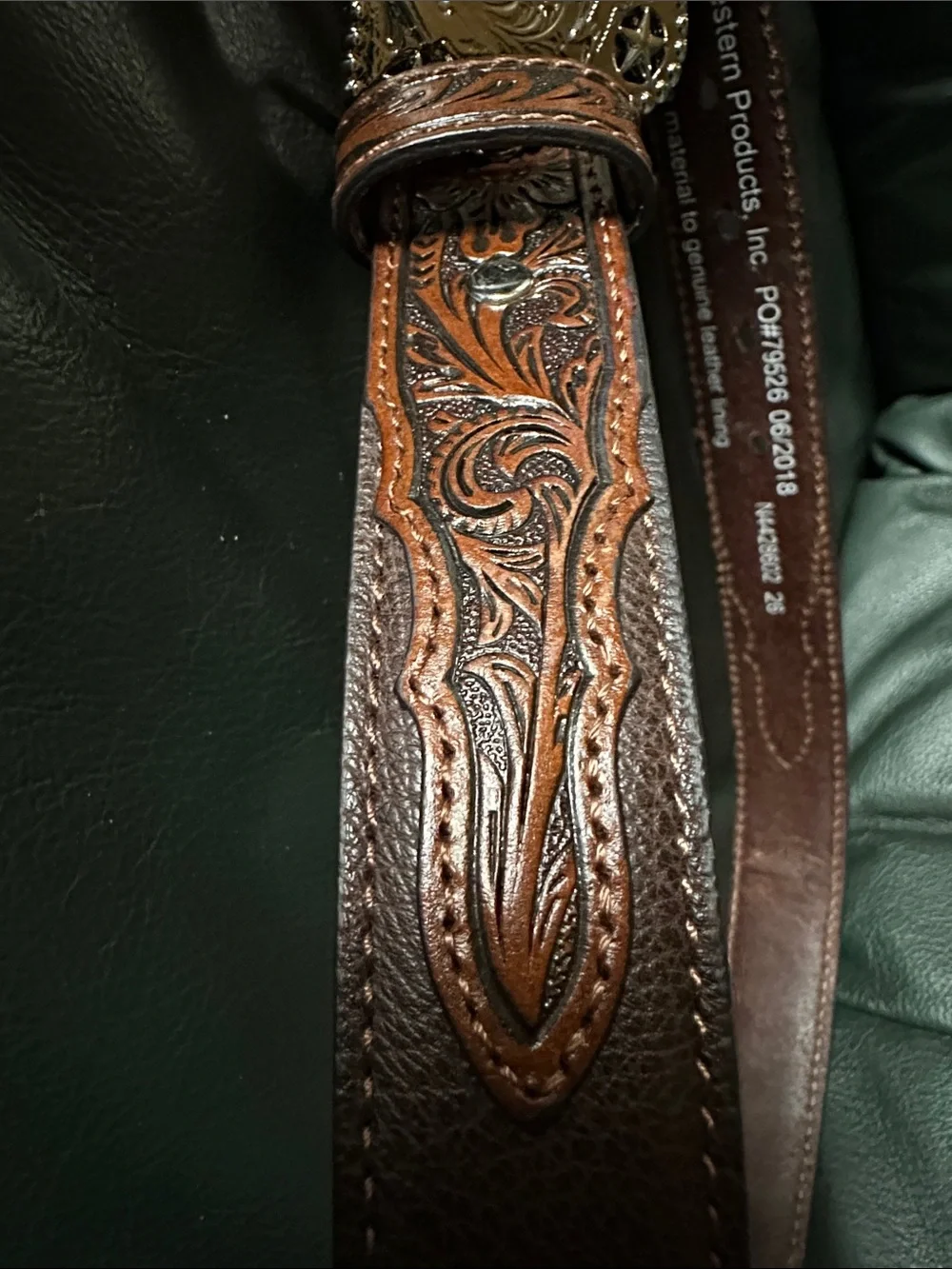 Nocona Belt Co Western Tooled Brown Leather Belt with Silver Rodeo Buckle NEW